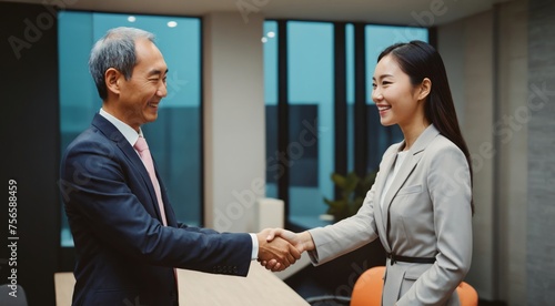 Wallpaper Mural Asian businesswoman and asian businessman shaking hands after contract signing, celebrating successful business meeting with handshake, diverse business partners seal deal with handshake Torontodigital.ca