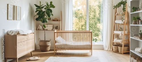 White crib and changing table with wooden shelves beside a large window in a roomy nursery at home.