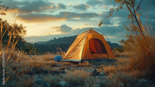 Serene Camping Site at Sunset, solitary tent glows warmly amid a golden field, embodying the tranquility and adventure of outdoor camping at dusk