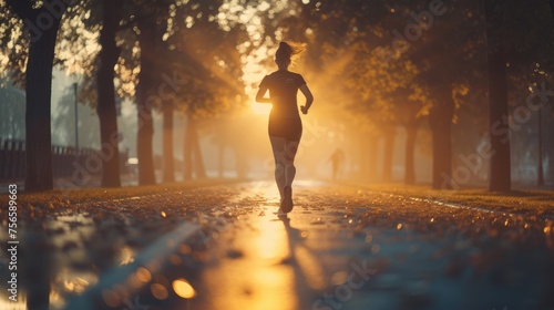 Morning Run in Autumn Park, young woman enjoys a peaceful morning run amidst a serene autumnal park, with sunlight filtering through the trees