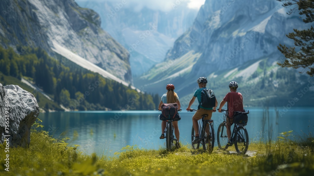 Rear view of three persons taking a break at a picturesque spot along their journey by three bicycles, with a stunning natural backdrop like a mountainside and a clear lake