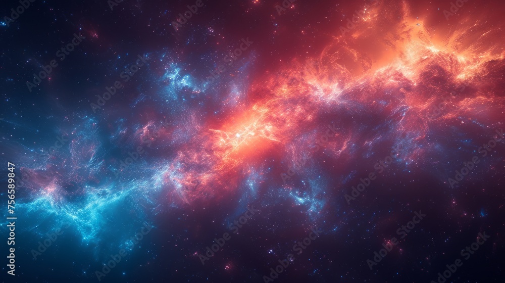 Cosmic background with a vibrant and colorful nebula, an interstellar cloud of dust, hydrogen, helium, and other ionized gases. Concept: astronomy, space exploration, or astrophysics