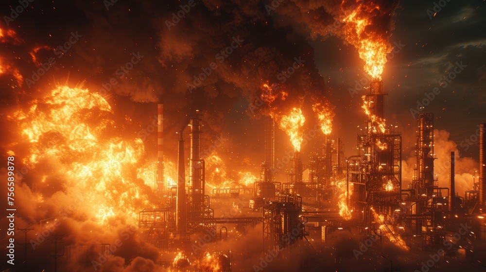 Catastrophic Industrial Blaze,  intense inferno engulfs an industrial oil refinery, with thick smoke and fiery explosions dominating the scene
