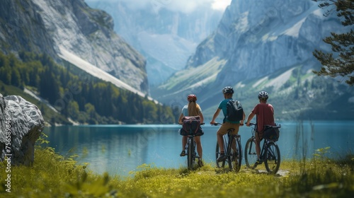 Rear view of three persons taking a break at a picturesque spot along their journey by three bicycles, with a stunning natural backdrop like a mountainside and a clear lake photo
