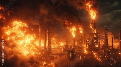 Catastrophic Industrial Blaze, intense inferno engulfs an industrial oil refinery, with thick smoke and fiery explosions dominating the scene