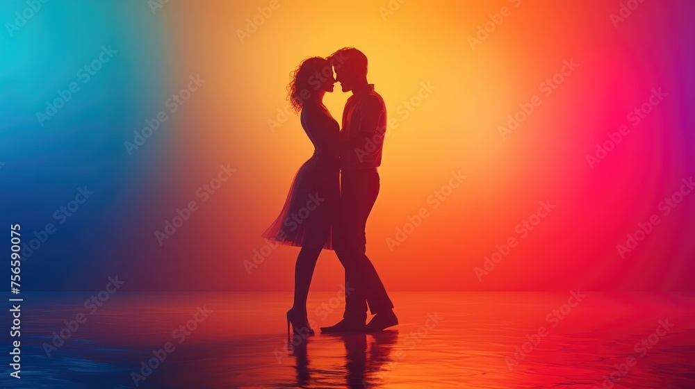 Silhouetted Dance of Passion, couple's silhouette against a vibrant, colorful backdrop, caught in a tender dance, reflecting an intimate moment of unity and affection