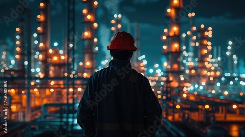 Engineer at Oil Refinery, rear view of an engineer at night, overseeing the illuminated industrial landscape of an oil refinery, representing the energy sector's might and intricacies