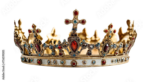 A rich golden crown adorned with red and blue gems, embodying royal symbolism. Perfect for power and leadership themes. PNG format, transparent white background. Crown of thorns.