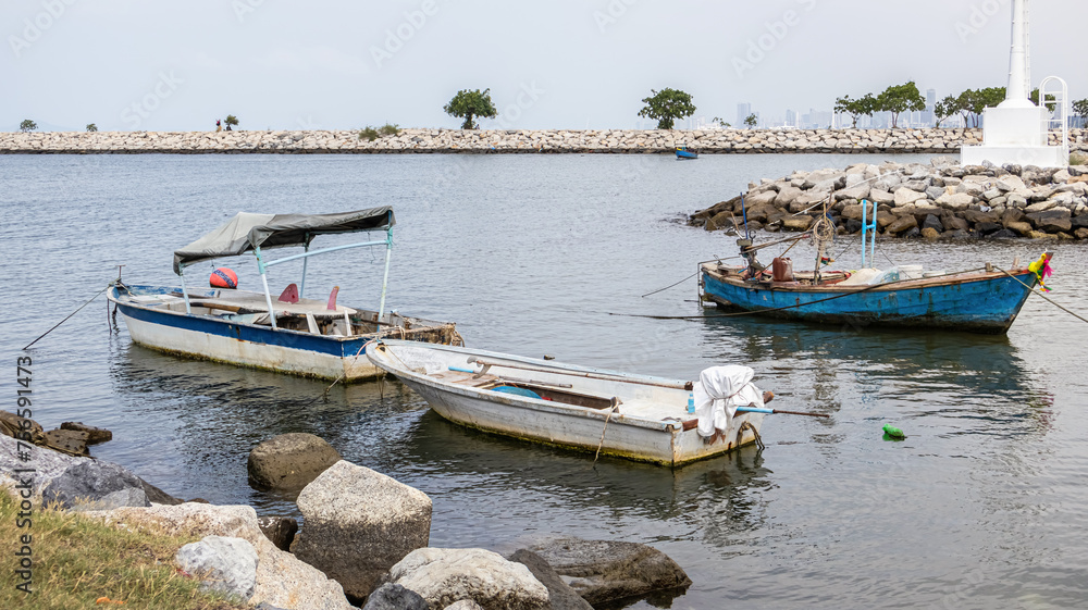 fishing boat in the sea, Fishing boat on the beach, Thai landscape fishing boat in the sea, Fishing boat on the beach, Thai landscape