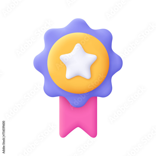 Winner medal with star and ribbon. Premium quality, quality guarantee symbol. 3d vector icon. Cartoon minimal style.