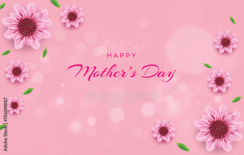 banner Happy mothers day card with pink flowers and  leaves