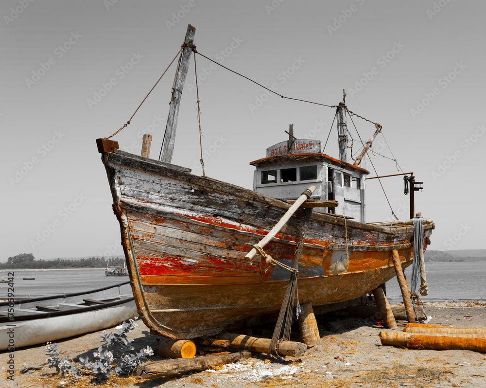 Old wrecked ship on the seashore