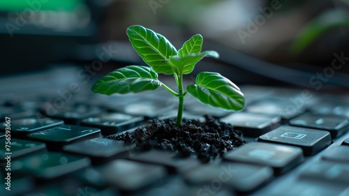 Sprouting plant on a laptop keyboard symbolizing growth and technology