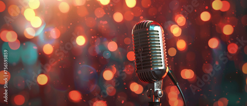Classic microphone in the limelight with a dazzling bokeh effect behind