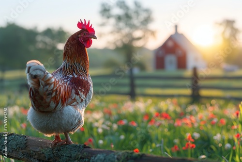 Chicken perches at sunrise with a barn and blooming field in soft focus behind