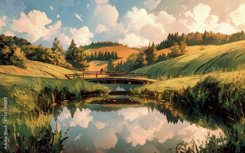 A serene landscape, with rolling hills and a tranquil pond