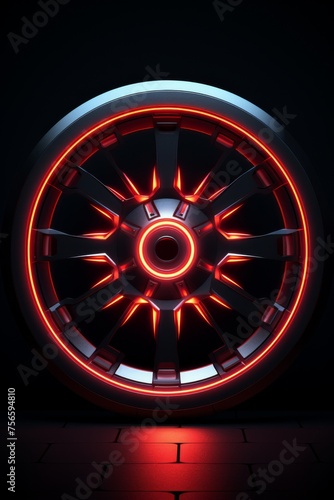 wheel lighted in neon and red on a dark background. black rim with red lights. vertical orientation