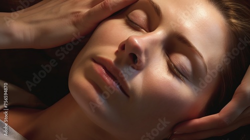 Woman getting her head massage at a spa. female facial massage. Woman receiving a relaxing massage
