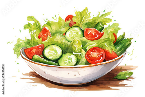 Refreshing Green Vegetarian Salad on Wooden Plate with Fresh Organic Ingredients, a Burst of Health and Delightful Flavors on White Background.