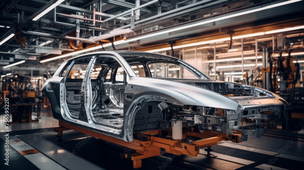 Car automobile factory assembly line. Car production line. Assembling a car on a conveyor belt. Car automobile factory assembly line. Car production line. Assembling a car on a conveyor belt.
