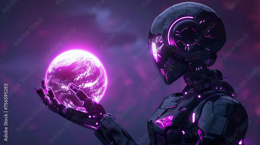 Robotic guardian presents a bright blue orb in the night's enigmatic embrace Robotic guardian presents a bright blue orb in the night's enigmatic embrace