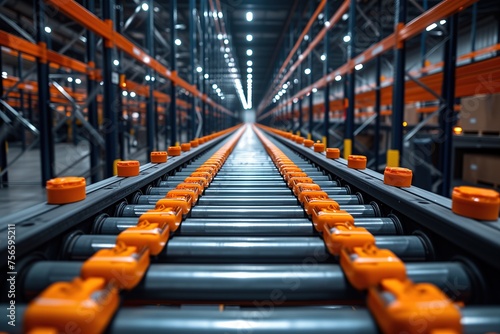 The image showcases an automated warehouse aisle with a perspective of orange rolling containers and modern lighting