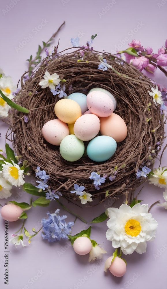 Colorful painted easter eggs in nest