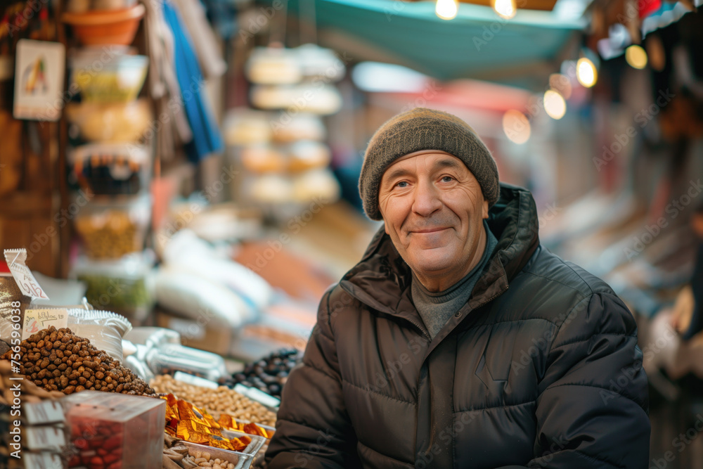 A simple street market seller in front of his stand stall. Blurred background with bokeh. Created with Generative AI technology.