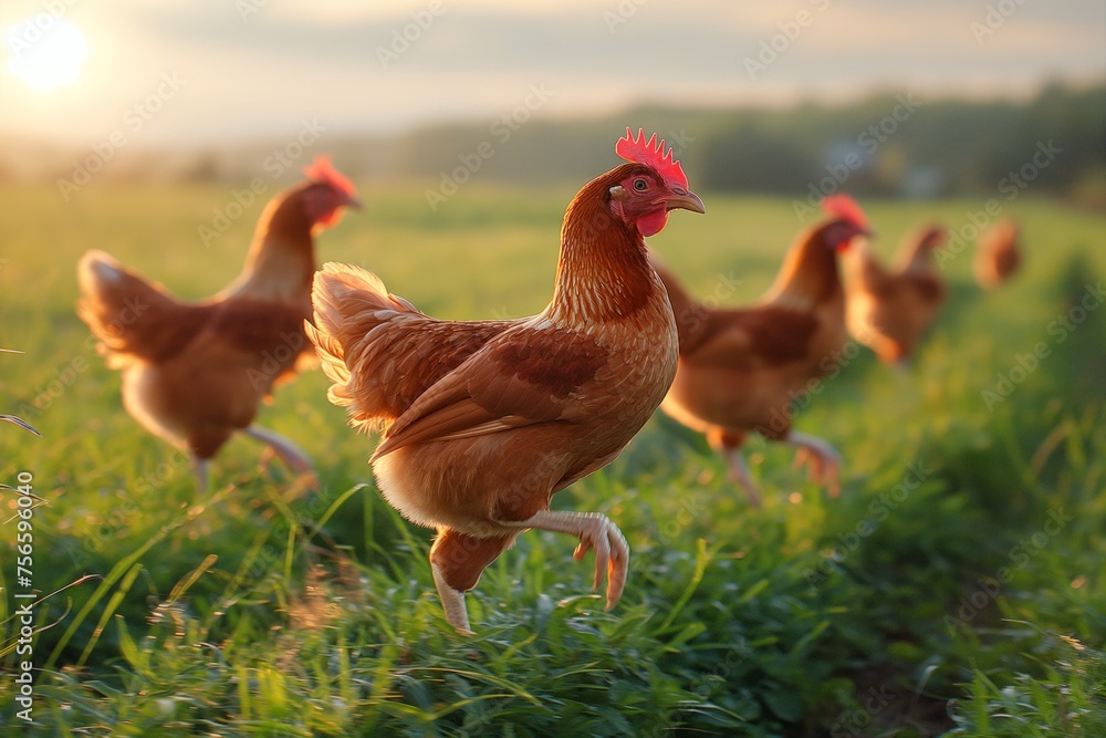 Fototapeta premium A hen strides forward in a grassy field at sunset, with other chickens in the background
