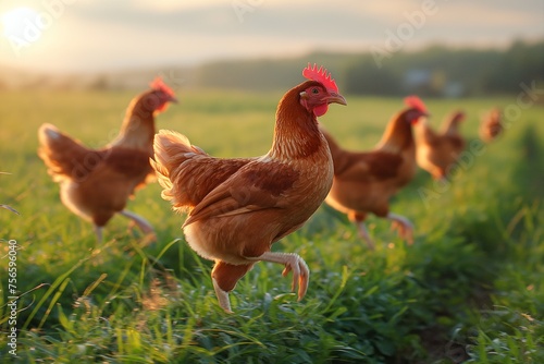 A hen strides forward in a grassy field at sunset, with other chickens in the background