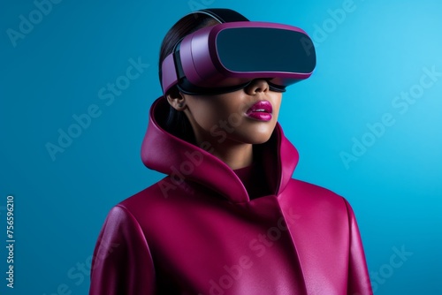 Woman using virtual reality headset isolated on blue background. Woman wearing a VR-goggles © Liliia