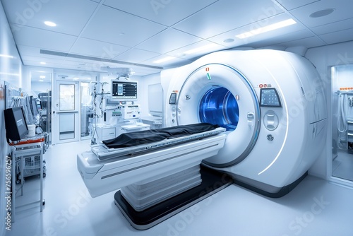 A state-of-the-art MRI scanner within a sterile and modern medical environment, highlighting healthcare technology