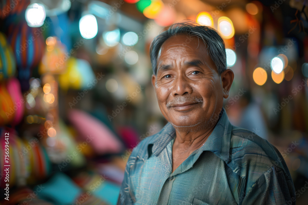 Naklejka premium A simple street market seller in front of his stand stall. Blurred background with bokeh. Created with Generative AI technology.
