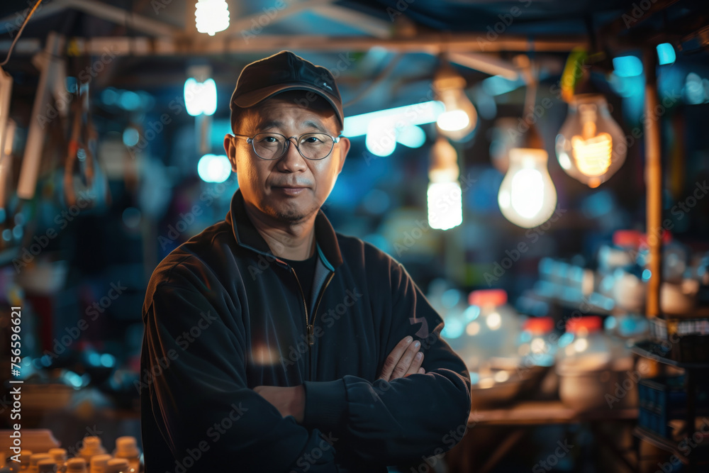 A simple street market seller in front of his stand stall. Blurred background with bokeh. Created with Generative AI technology. A simple street market seller in front of his stand stall. Blurred background with bokeh. Created with Generative AI technology.
