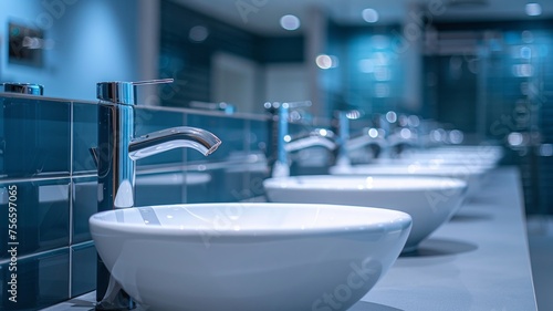 Pristine row of sinks in bright modern washroom reflects cleanliness