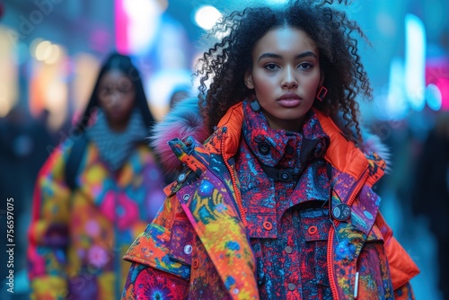 A young woman stands out on a bustling city street with her vibrant, patterned winter coat and confident gaze