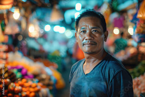 A simple street market seller in front of his stand stall. Blurred background with bokeh. Created with Generative AI technology.