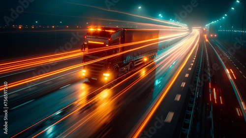  Trucks on highway in night time. Motion blur, light trails. Transportation, logistic. Timelapse, hyperlapse of transportation. Abstract soft glowing lines
