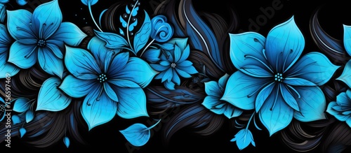 Floral geometric pattern in blue and black colors for design purposes.