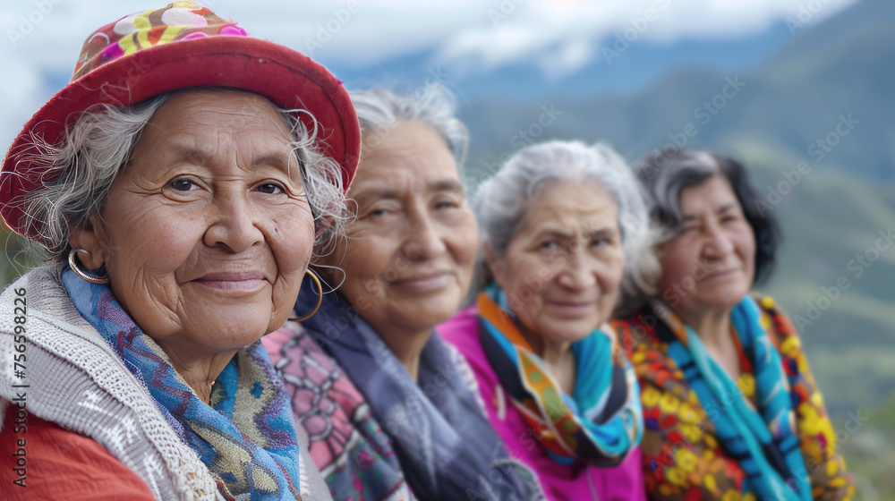 Four women are sitting together on a mountain, smiling and posing for a picture