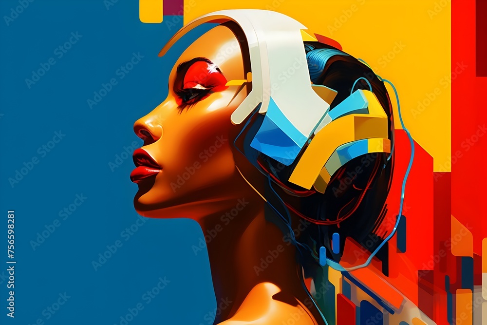 Futuristic Woman with Headphones in Vibrant 3D Illustration
