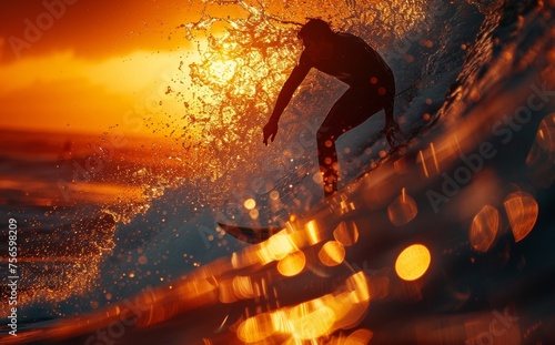 Silhouette of Surfer Riding Waves at Golden Sunset © Viktoriia