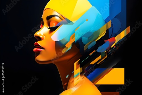 Futuristic African American Womans Portrait in Vibrant Yellow and Blue Vector Illustration with Abstract Shapes and Geometric Patterns