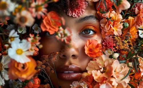 Blossoming Beauty in Floral Immersion portrait of a young woman in orange flowers