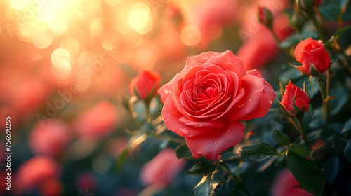 Beautiful red rose flower in the garden at sunrise. Nature background