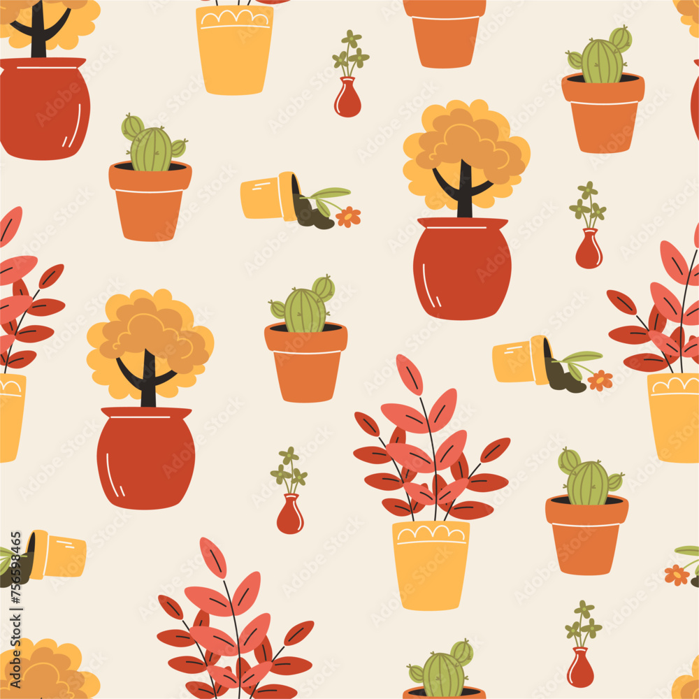 Seamless pattern with house plants - obrazy, fototapety, plakaty 