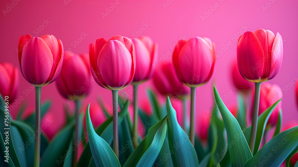 Red tulips on pink background with copy space for your text. Red tulips on pink background with copy space for your text.