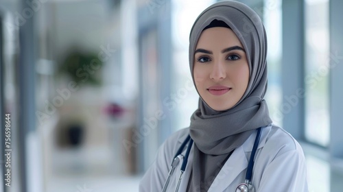 Portrait of a young Muslim woman doctor in a hijab, looking at the camera and smiling, standing against the backdrop of a bright medical office with copy space.