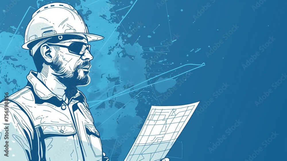 Confident engineer reviewing blueprints in a dynamic line art illustration - obrazy, fototapety, plakaty 
