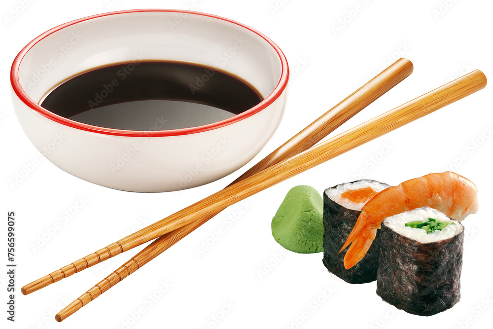 composição com sushi, wasabi, pote com molho de soja shoyo e hashi isolado em fundo transparente composição com sushi, wasabi, pote com molho de soja shoyo e hashi isolado em fundo transparente